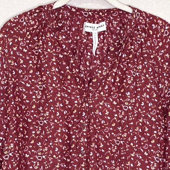 APIECE APART Blouse Top Size XS Burgundy White Mitte Floral Print Cotton Silk - Picture 4 of 8